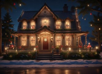 Fototapeta premium A beautifully decorated Christmas house with lights and ornaments, cozy atmosphere, joyful ambiance