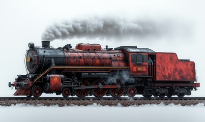Naklejka premium Red steam train, chugging, smoke billowing.