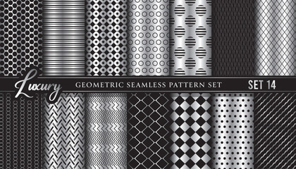 Vector Geometric Seamless Pattern Collection Set.Black and silver design