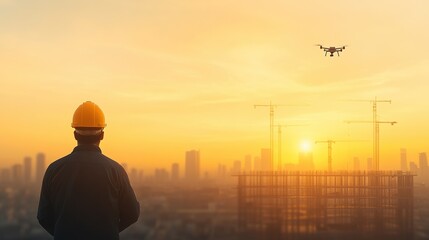 Silhouette of engineer overseeing drone at urban construction site during sunset