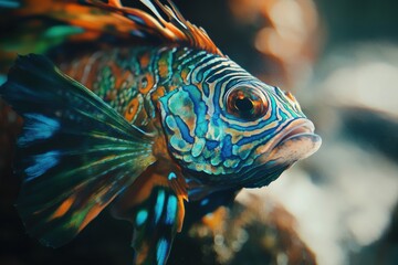 Fototapeta premium Vibrant Mandarin fish closeup in vivid underwater setting