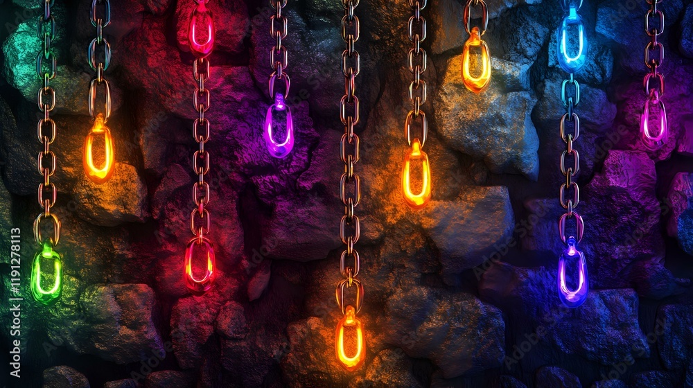 Canvas Prints hanging light chains with vibrant colors glowing brightly in a seamless pattern on a textured stone 