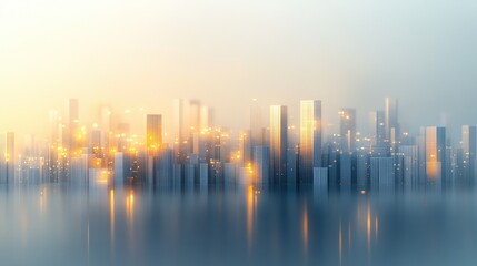 Fototapeta premium Futuristic cityscape with glowing skyline reflections at dusk