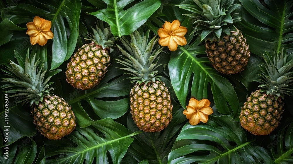 Poster vibrant tropical seamless pattern featuring pineapples and complementary flowers on lush green folia