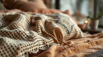 Fototapeta premium Close-up of a Cozy Knitted Blanket in a Warm and Relaxing Bedroom Setting. Perfect for Home Decor and Interior Design Inspiration.