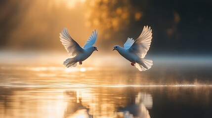 "A Pair of White Doves Flying Gracefully Over a Serene Lake at Sunrise"