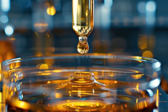 Close-up of oil viscosity test with pipette and graduated cylinder