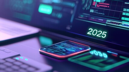 Obraz premium Technology on modern lifestyle. Digital workspace featuring a smartphone and futuristic data displays showcasing the year 2025.