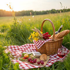 a festive picnic basket with fresh fruit bread