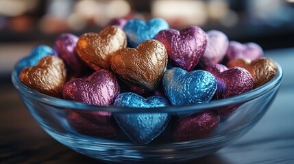 Colorful foil-wrapped heart chocolates in glass bowl for valentine's day gift ideas
