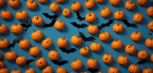 A blue background with an arrangement of orange pumpkins and black bats in a V-shape pattern, dark, decorative