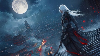 An Asian warrior woman with white hair and a hood stands on a city rooftop under the full moon, background wallpaper AI generated image