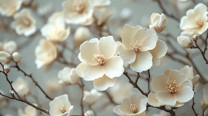 Elegant cream blossoms on branches with soft focus background