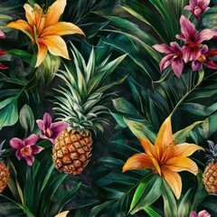 Fototapeta premium Tropical seamless pattern showcasing vibrant pineapples and colorful flowers set against lush green leaves. Generative AI