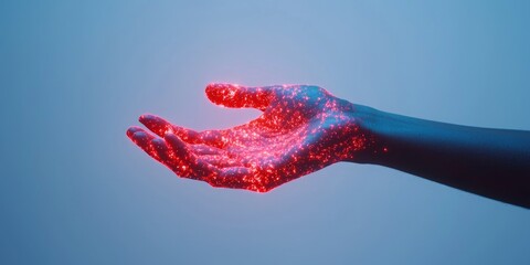 Loyalty business focuses on customer retention. Glowing hand with red lights against a blue background, representing technology and innovation.