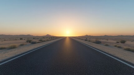 Fototapeta premium View of a long straight deserted asphalt road with the evening sun sky background wallpaper AI generated image