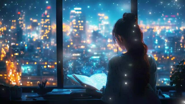 Studying late at night with city lights shining through the window glitch stream overlay seamless loop Vtuber streamer asset twitch zoom OBS screen animated wallpaper virtual background