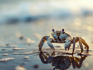 Fototapeta premium Close-Up of a Crab Digging into Wet Sand on the Beach
