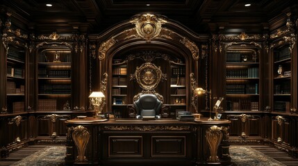 Obraz premium Ornate Dark Wood Office With Gold Accents And Bookshelves