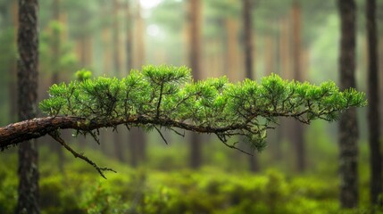 Fototapeta premium The soft green branches of the pine trees in the surrounding forest create a serene atmosphere, background wallpaper AI generated image