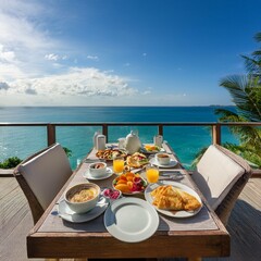 Fototapeta premium Generated image A panoramic view captures luxurious breakfast table set for two