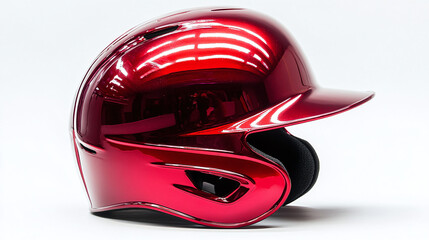 Fototapeta premium Shiny red baseball helmet isolated on white background. sport or game protection equipment object, protective player cap for professional playing.
