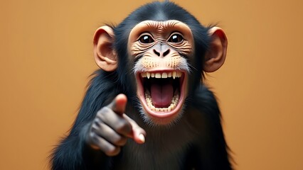 illustration d'un chimpanzé habillé avec une chemise à fleur, la bouche ouverte et un doigt en l'air - fond uni beige