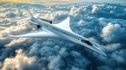 Fototapeta premium Jet airplane with modern technology above cloud sky tall Background wallpaper AI generated image