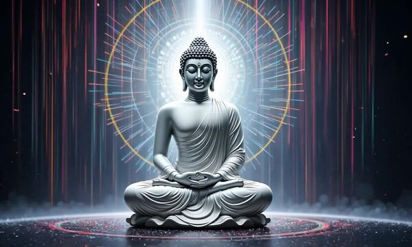 white color buddha in a meditation pose at a black background with a color matrix rain. vesak festival, buddhist festival and lord buddha, meditation and mindfulness, technology and buddhism