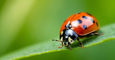 Macro shots, Beautiful nature scene. Beautiful ladybug on leaf defocused background