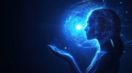 Mysterious holographic woman using modern cyber technology holding blue glowing light, background wallpaper AI generated image