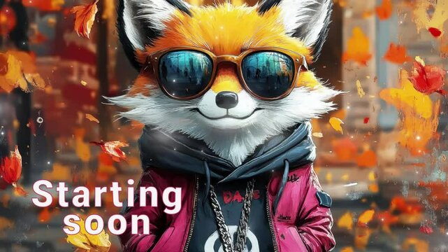A trendy fox character stands confidently amid falling autumn leaves. starting soon stream overlay seamless loop Vtuber streamer asset twitch zoom OBS screen animated wallpaper virtual background