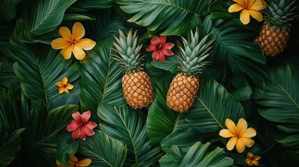 Vibrant tropical seamless pattern showcasing pineapples surrounded by lush green leaves and colorful flowers. Generative AI