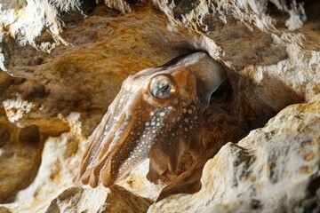 Obraz premium Cuttlefish camouflaged on limestone rocks in dramatic underwater scene