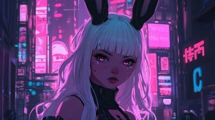 Girl cute anime style white hair wearing a bunny ear headband in a cyberpunk city background wallpaper AI generated image