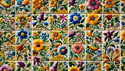 Fototapeta premium A ceramic-tiled wall with each tile featuring a unique, hand-painted floral pattern in a variety of bright cheerful colors like yellow purple green and blue.