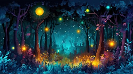 Fototapeta premium Enchanting Night Forest With Glowing Fireflies And Moon