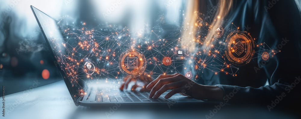 Poster software engineer using laptop with global network and saas technology for data management
