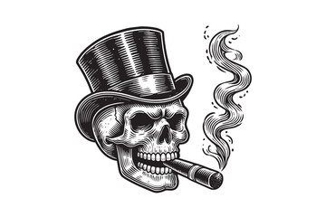 Vintage skull in top hat smoking cigar, black and white engraving art