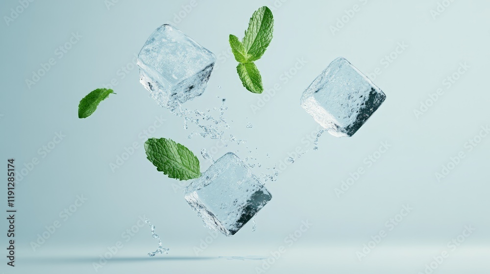 Poster Ice cubes and mint leaves are levitating and splashing water on a soft blue background, creating a refreshing and cool visual, perfect for summer themed projects