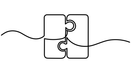 Obraz premium Continuous one line drawing of two pieces of jigsaw on white background,Two connected puzzle pieces of one continuous line drawn, Puzzle one line art,Continuous one line drawing of two puzzle pieces