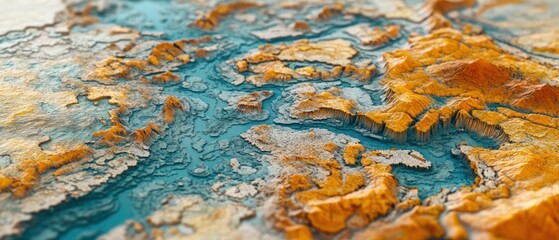 Abstract topographic map with blue water flowing through orange mountains.