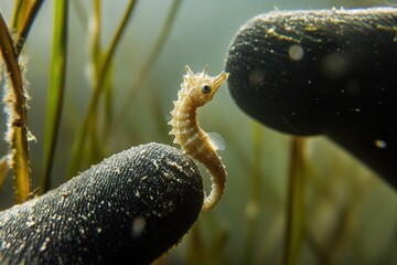 Extreme macro underwater photo detailed seahorse held by diver