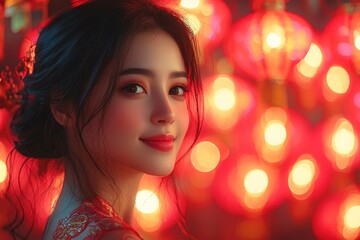 Fototapeta premium Captivating Portrait of a Young Asian Woman in Traditional Attire Surrounded by Glowing Lanterns, Radiating Warmth and Serenity in a Vibrant Festival Setting