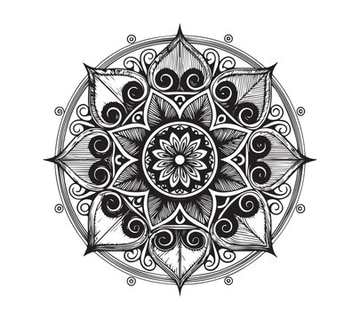 A black and white drawing of a flower with a design that says mandalas