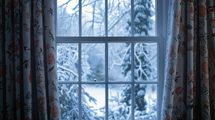 Naklejka premium A window adorned with heavy thermal curtains, drawn closed to provide an extra layer of insulation against the cold.