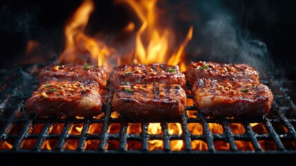 Grilled steaks cooking on a flaming grill