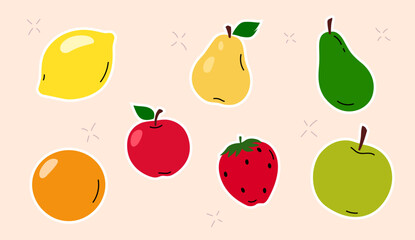 Collection of fresh fruit stickers with flat and simple colors, can be used for social media stickers. Design elements for brochures, pamphlets, flayers, banners, etc.