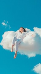 Young woman wearing pajamas enjoys a peaceful sleep while levitating on a fluffy white cloud against a vibrant blue sky, creating a surreal and dreamy atmosphere
