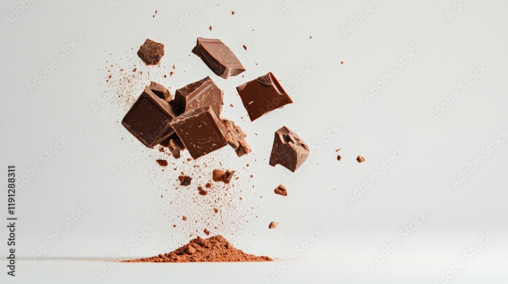 Aufkleber Milk chocolate chunks are exploding over cocoa powder on a minimal white background, creating a visually appealing scene that suggests deliciousness and indulgence